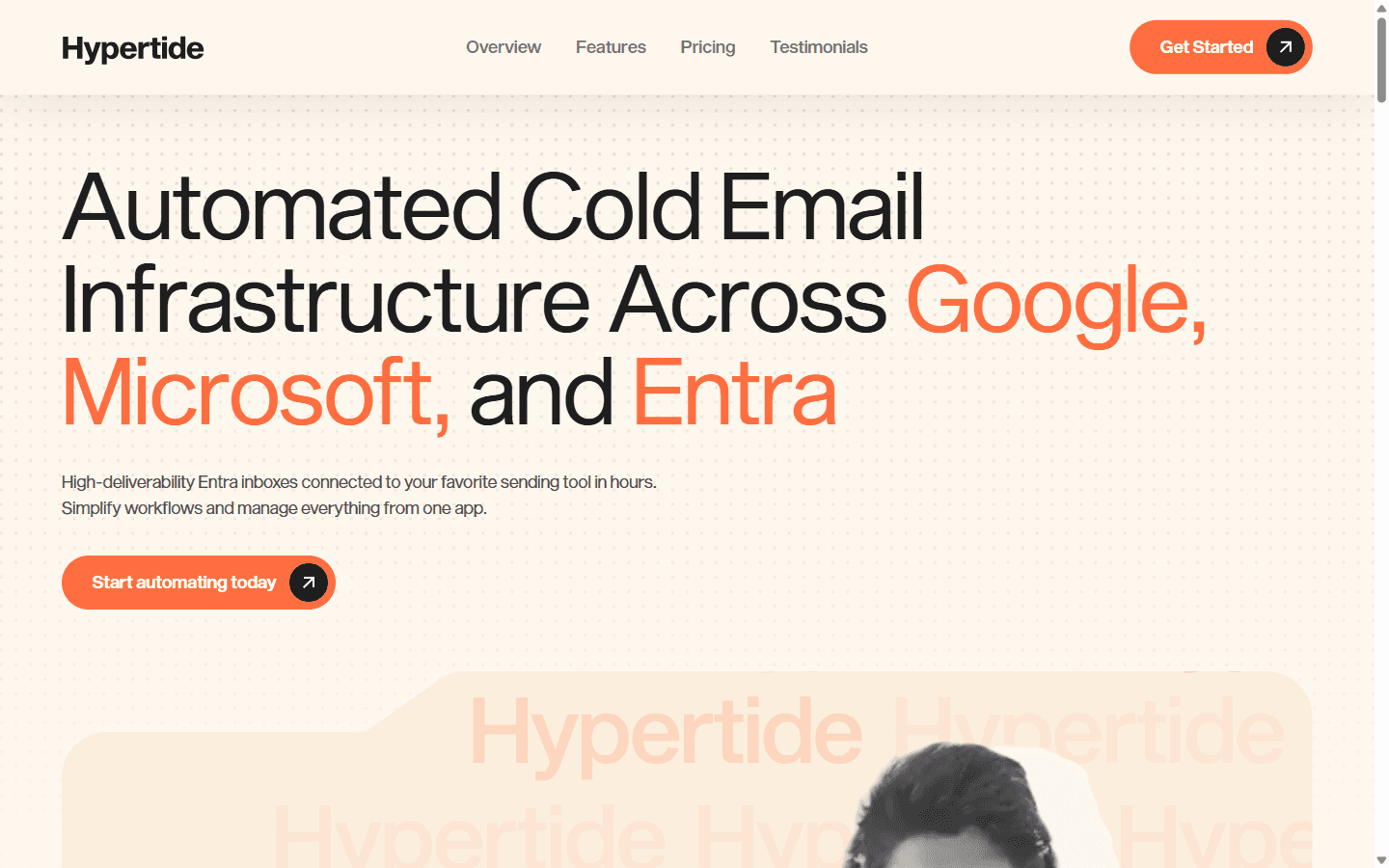 HyperTide homepage showing automated cold email infrastructure across Google, Microsoft, and Entra