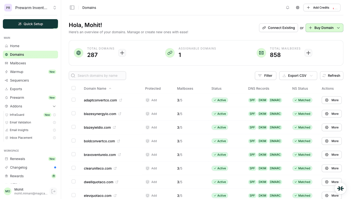 InboxKit domain management with automated SPF, DKIM, and DMARC for UK cold email