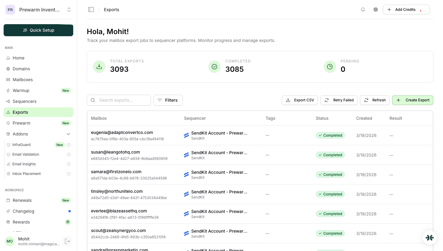 InboxKit mailbox export history