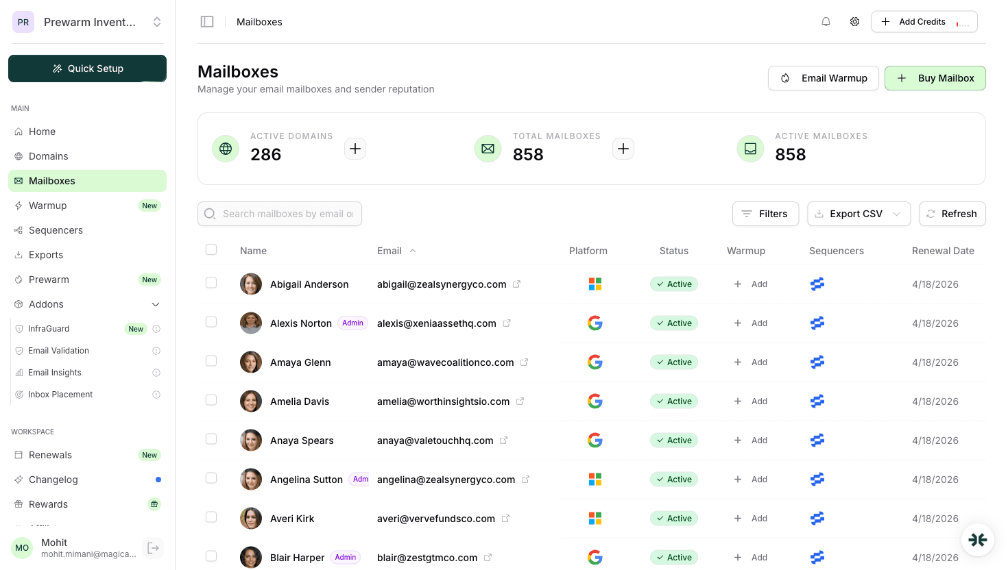 InboxKit mailbox list with platform icons